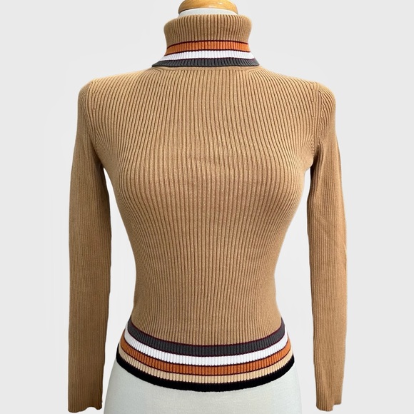 Mexx Sweaters - Vintage Mexx Camel Ribbed Striped Turtleneck Sweater 100% Cotton Y2K Small